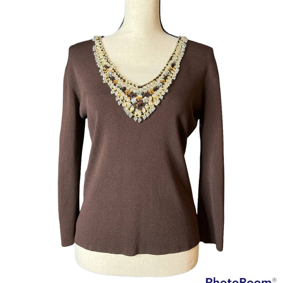 Joseph A. Sweater with Beads Crystals and Sequins on Front Neckline Size Medium - Picture 1 of 6